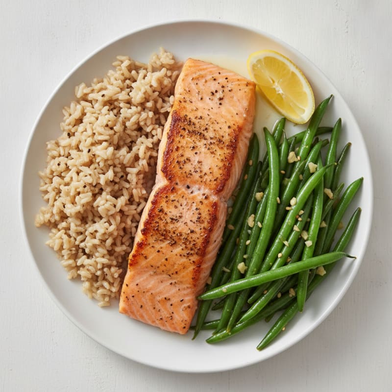 Seared Salmon with Garlic Green Beans and Brown Rice