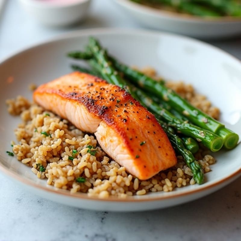 Seared Salmon Fillet with Steamed Asparagus and Brown Rice