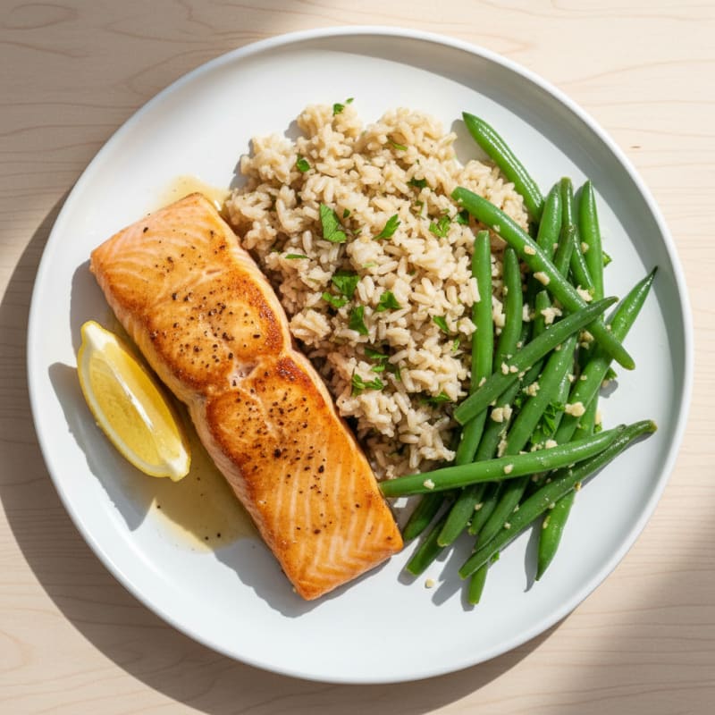 Seared Salmon with Garlic Green Beans and Herb Brown Rice