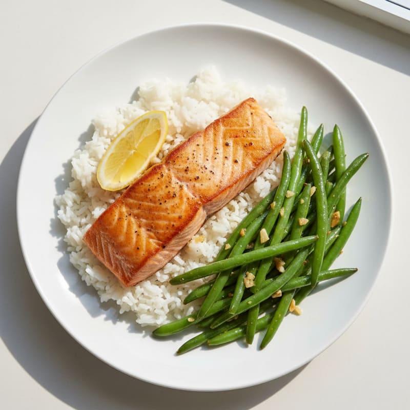 Seared Salmon with Steamed Rice and Garlic Green Beans