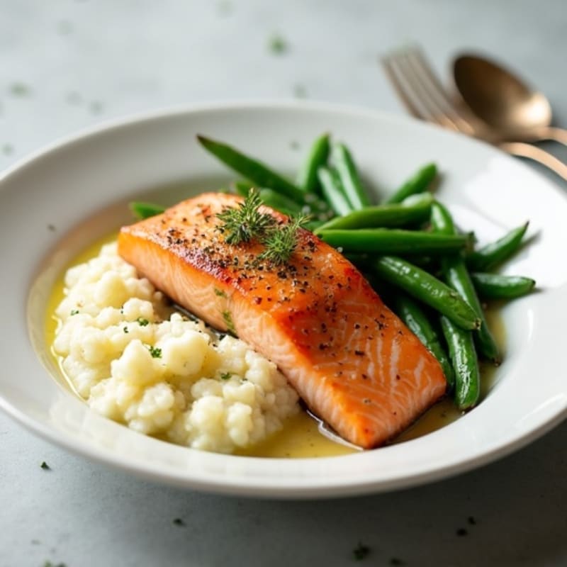 Baked Salmon with Steamed Green Beans and Garlic Mashed Cauliflower