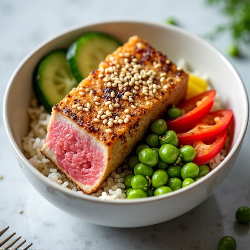 Sesame-Crusted Tuna Rice Bowl with Fresh Vegetables