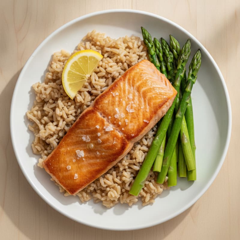 Seared Salmon Fillet with Steamed Asparagus and Brown Rice