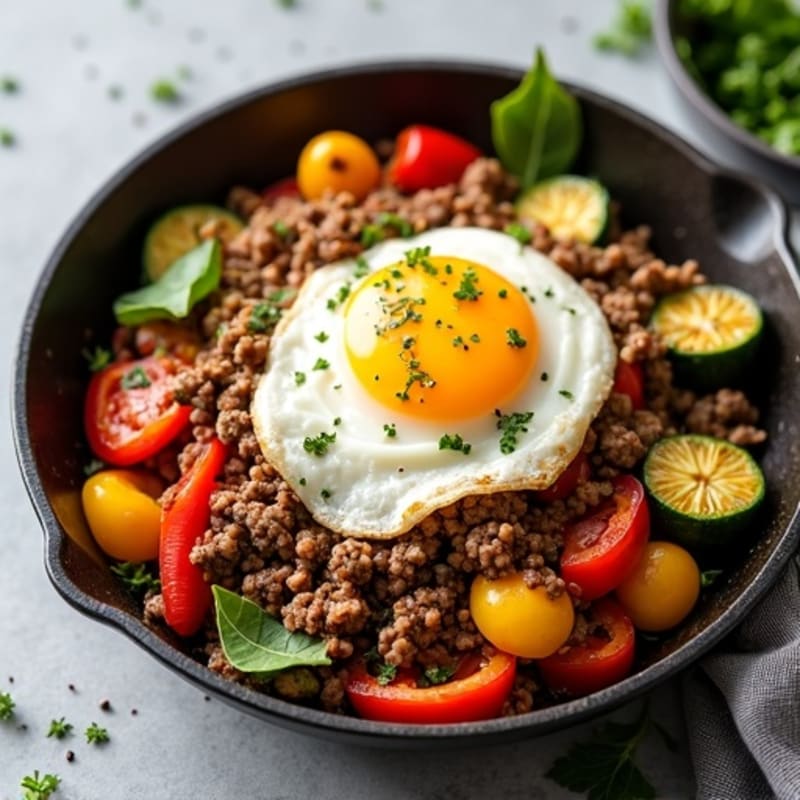 Lean Ground Beef and Roasted Vegetable Skillet