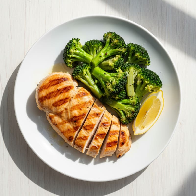 Grilled Chicken Breast with Steamed Broccoli and Lemon