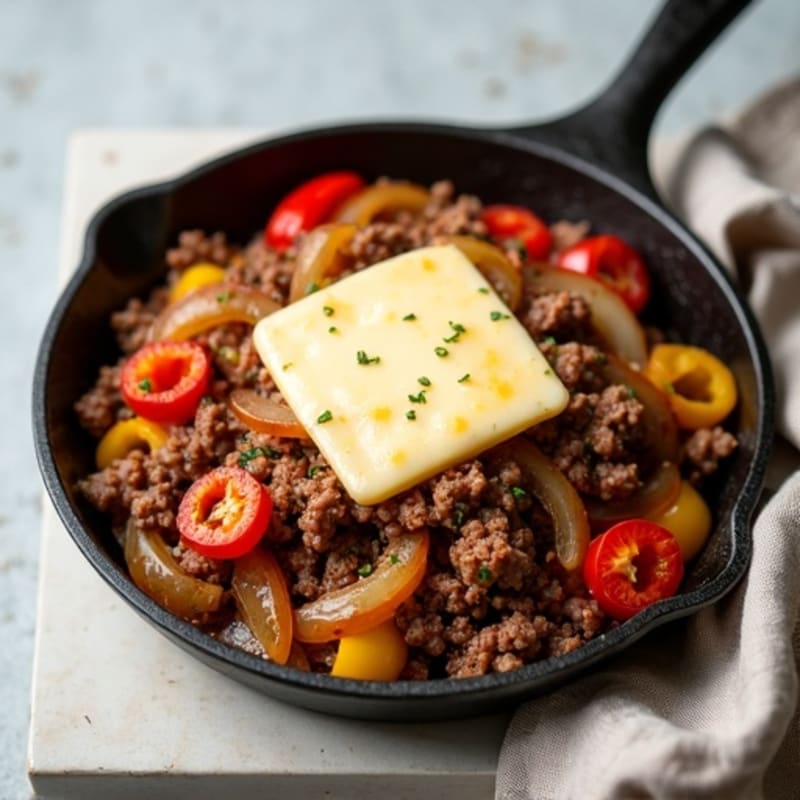 Lean Beef Skillet with Sautéed Bell Peppers, Caramelized Onions, and Melty Provolone