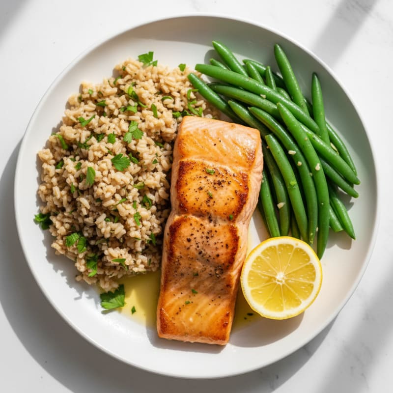 Seared Salmon Fillet with Steamed Green Beans and Herbed Brown Rice