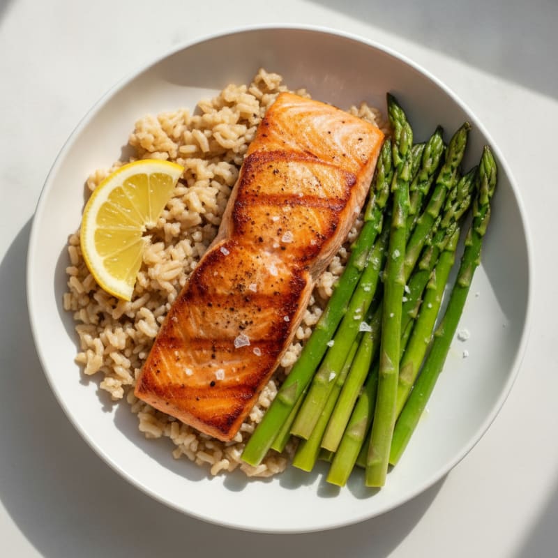 Seared Salmon with Steamed Asparagus and Brown Rice