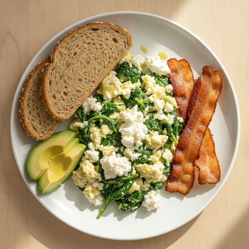 Egg White and Spinach Scramble with Cottage Cheese and Turkey Bacon
