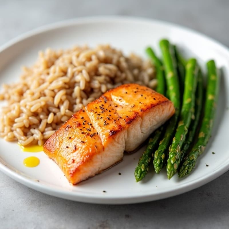Seared Salmon with Steamed Asparagus and Brown Rice