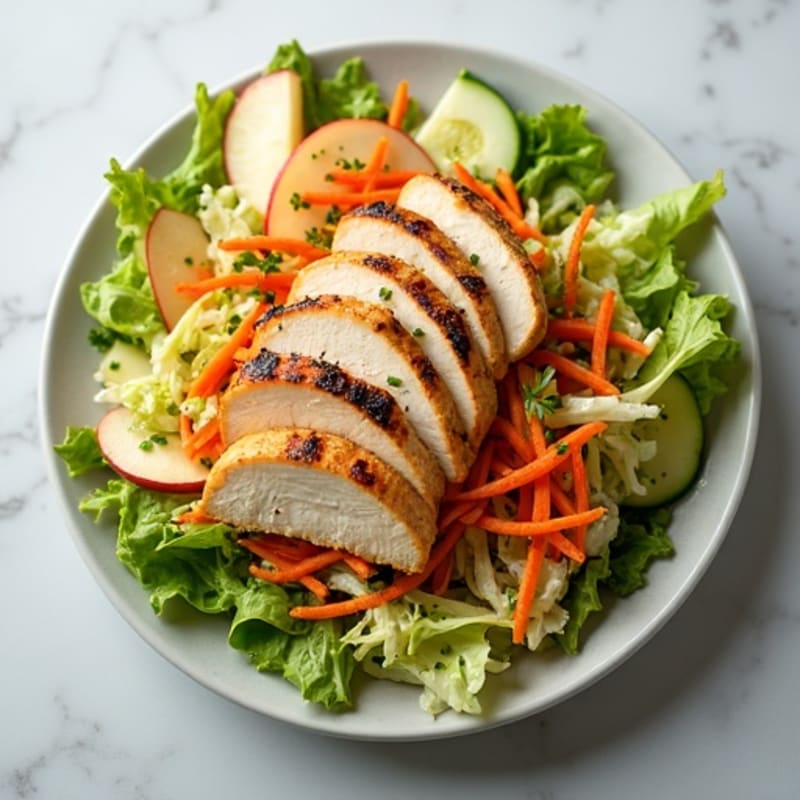 Grilled Chicken Cabbage Salad with Shredded Carrots and Apple Slices