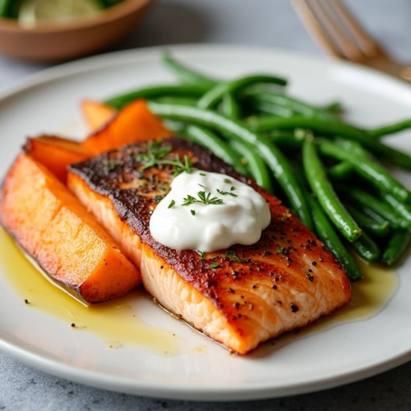 Seared Salmon Fillet with Garlic Green Beans and Roasted Sweet Potato