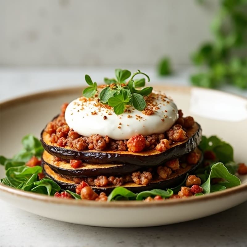 Ground Lamb and Roasted Eggplant Layers with Creamy Protein Topping