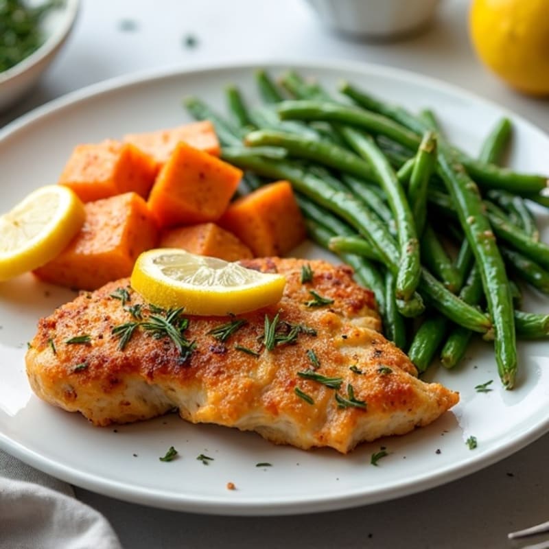 Crispy Lemon-Herb Chicken with Roasted Sweet Potatoes and Green Beans