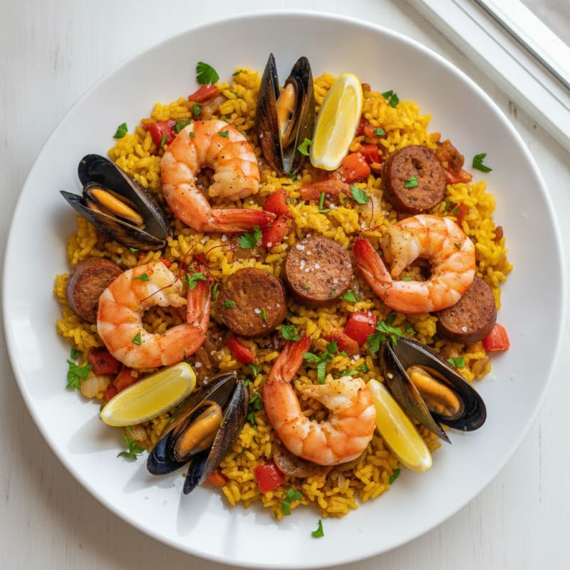 Saffron Seafood Paella with Chorizo