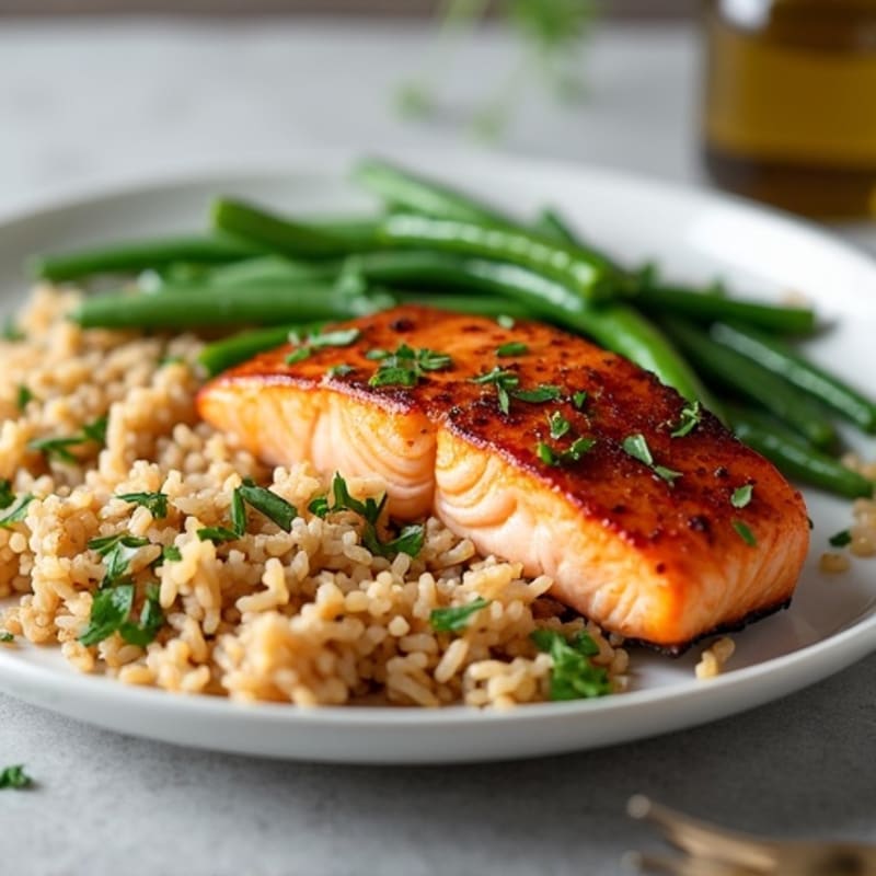 Seared Salmon Fillet with Garlic Green Beans and Brown Rice