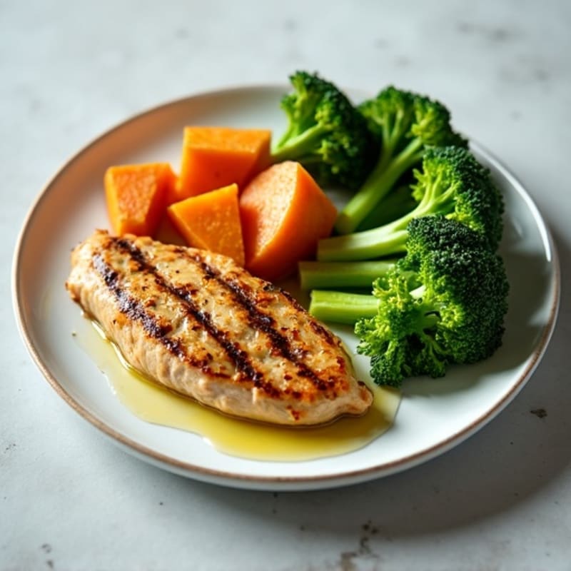 Grilled Chicken Breast with Roasted Sweet Potato and Steamed Broccoli