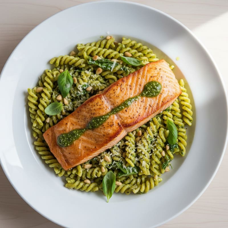 Golden Pan-Seared Salmon with Zesty Pesto Pasta