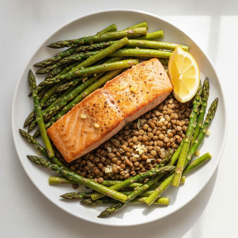 Seared Salmon Fillet with Roasted Asparagus and Lentils
