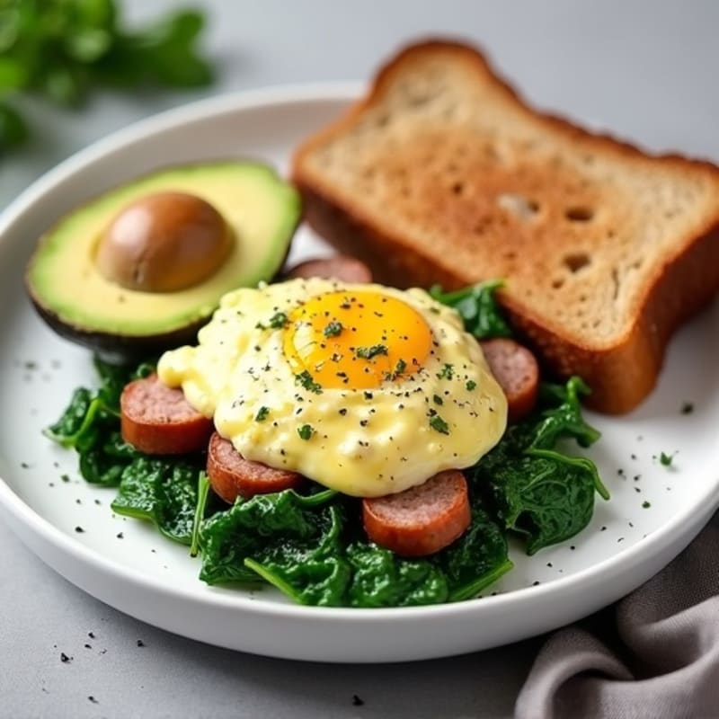 Egg White and Turkey Sausage Scramble with Sautéed Spinach