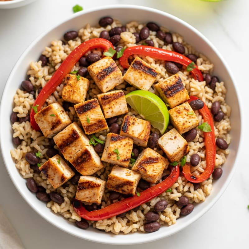 Grilled Chicken and Black Bean Bowl with Brown Rice and Roasted Peppers
