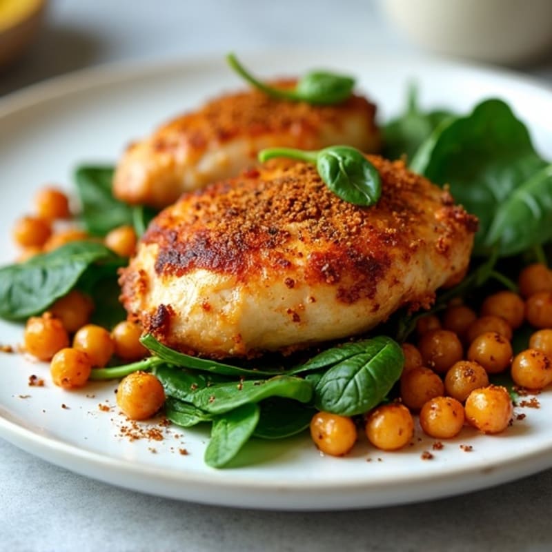 Garam Masala Roasted Chicken Thighs with Crispy Chickpeas and Spinach