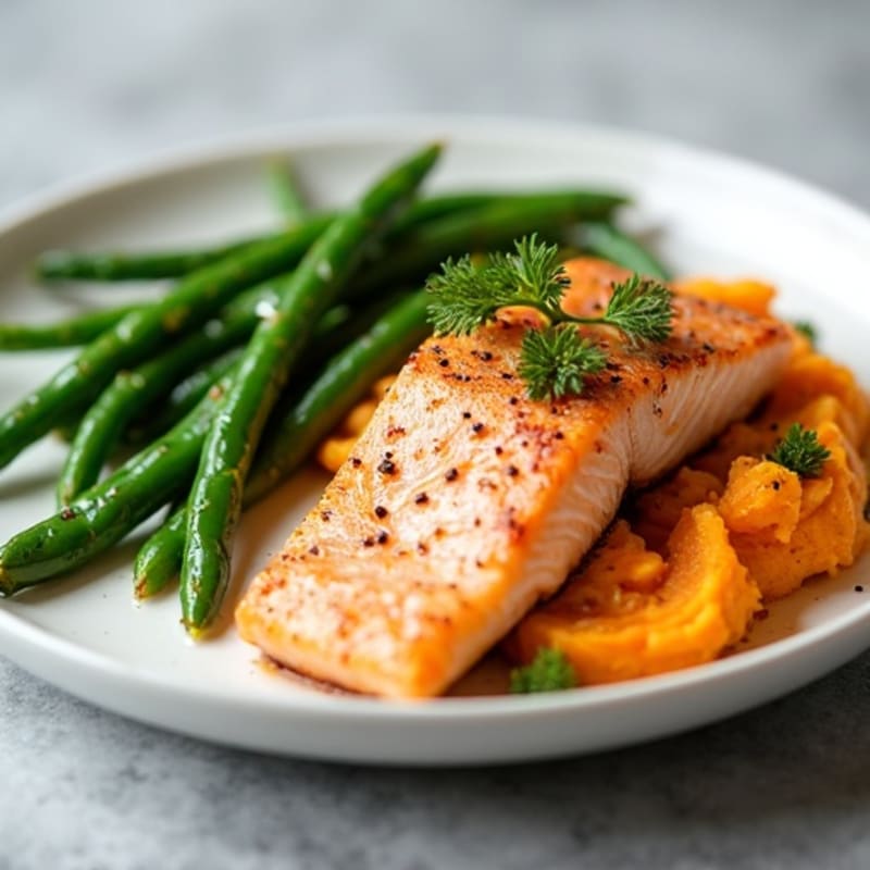 Seared Salmon with Steamed Green Beans and Sweet Potato Mash