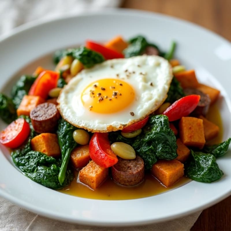 Crispy Sweet Potato and Egg Hash with Sautéed Spinach