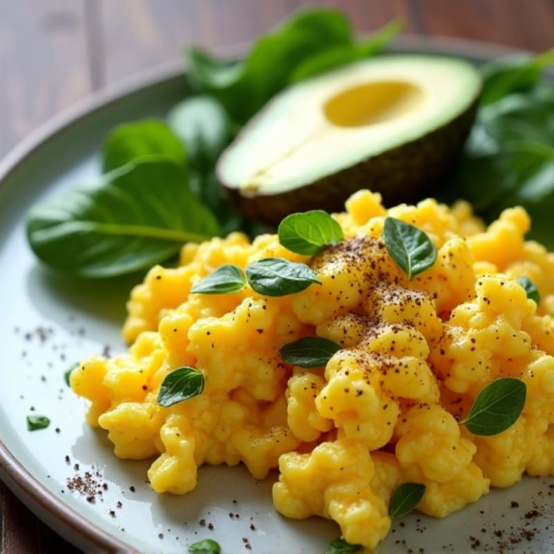 Fluffy Scrambled Eggs with Fresh Spinach and Avocado