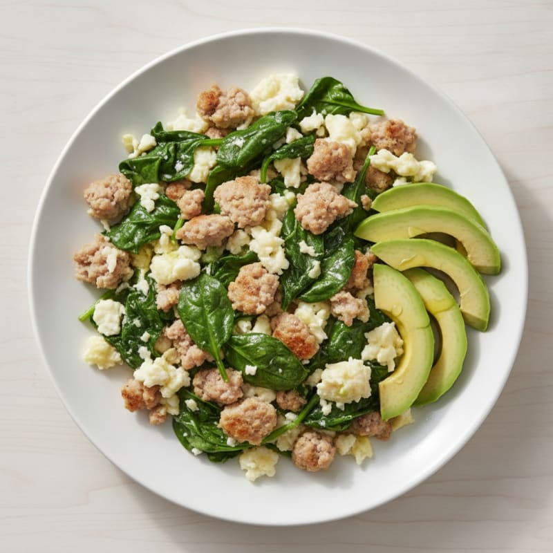 Egg White Scramble with Turkey Sausage and Sautéed Spinach