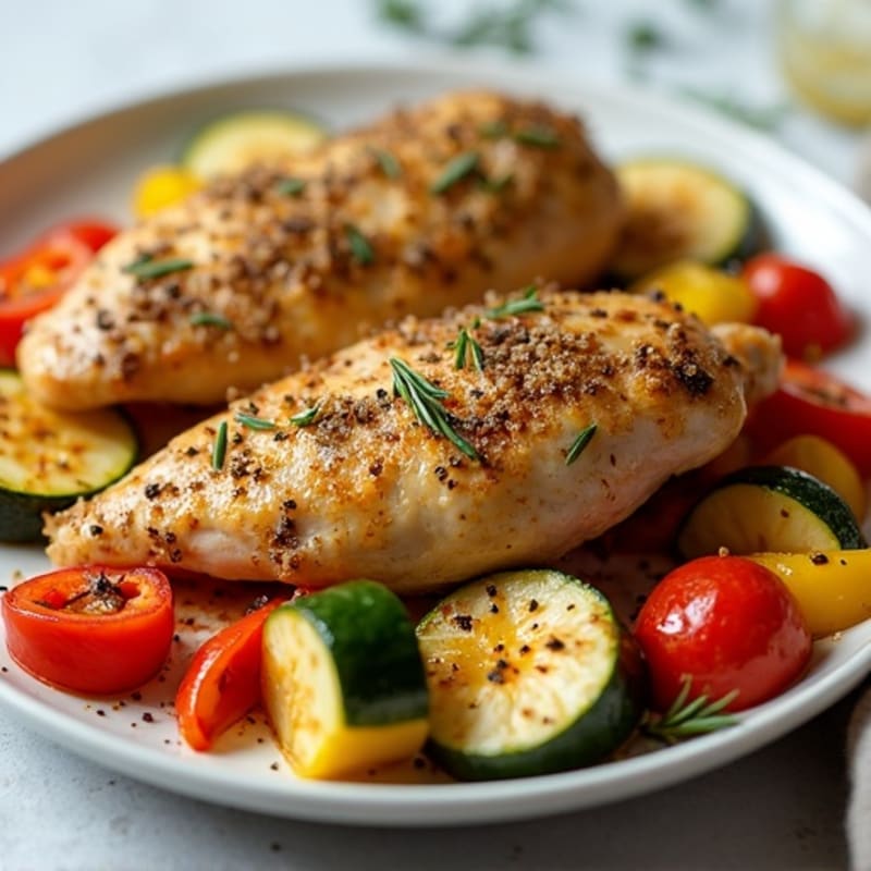 Herb-Crusted Baked Chicken with Roasted Rainbow Vegetables