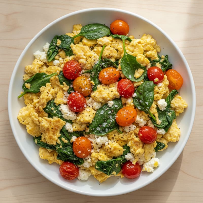 Cottage Cheese Egg Scramble with Spinach and Cherry Tomatoes