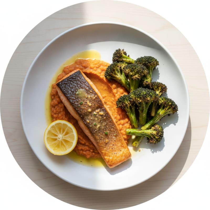 Seared Salmon with Roasted Broccoli and Lentil Mash