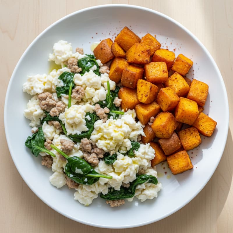 Egg White and Turkey Spinach Scramble with Roasted Sweet Potatoes