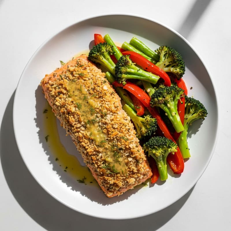 Golden Herb-Crusted Salmon with Zesty Roasted Veggies