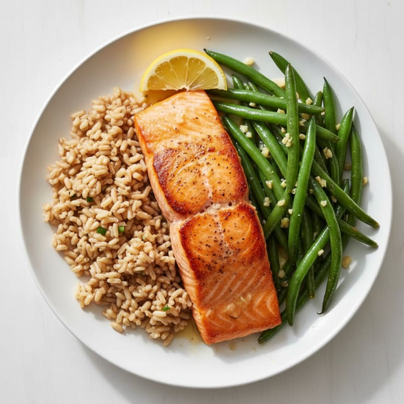 Seared Salmon with Garlic Green Beans and Brown Rice