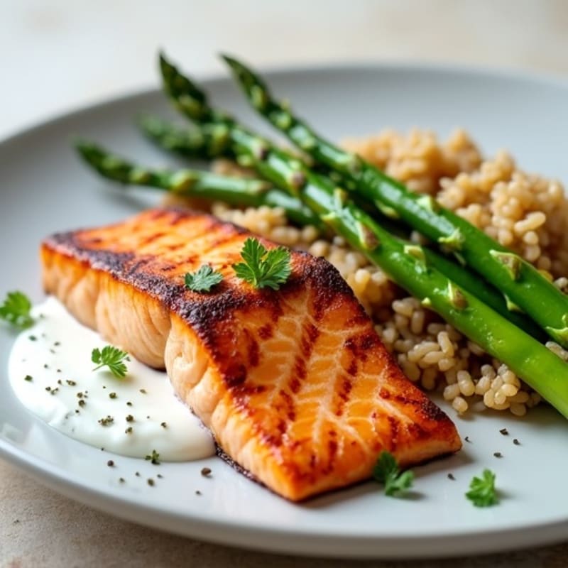 Seared Salmon with Steamed Asparagus and Brown Rice