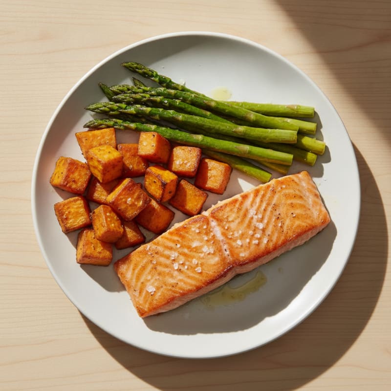 Seared Salmon with Roasted Sweet Potatoes and Asparagus