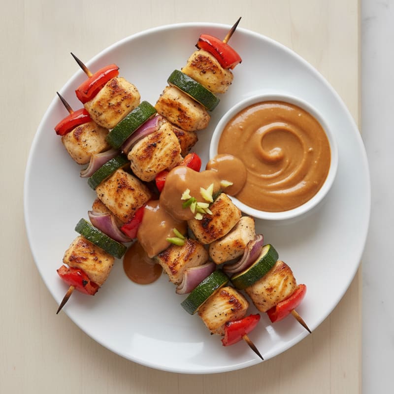 Chicken and Veggie Skewers with Peanut Dip