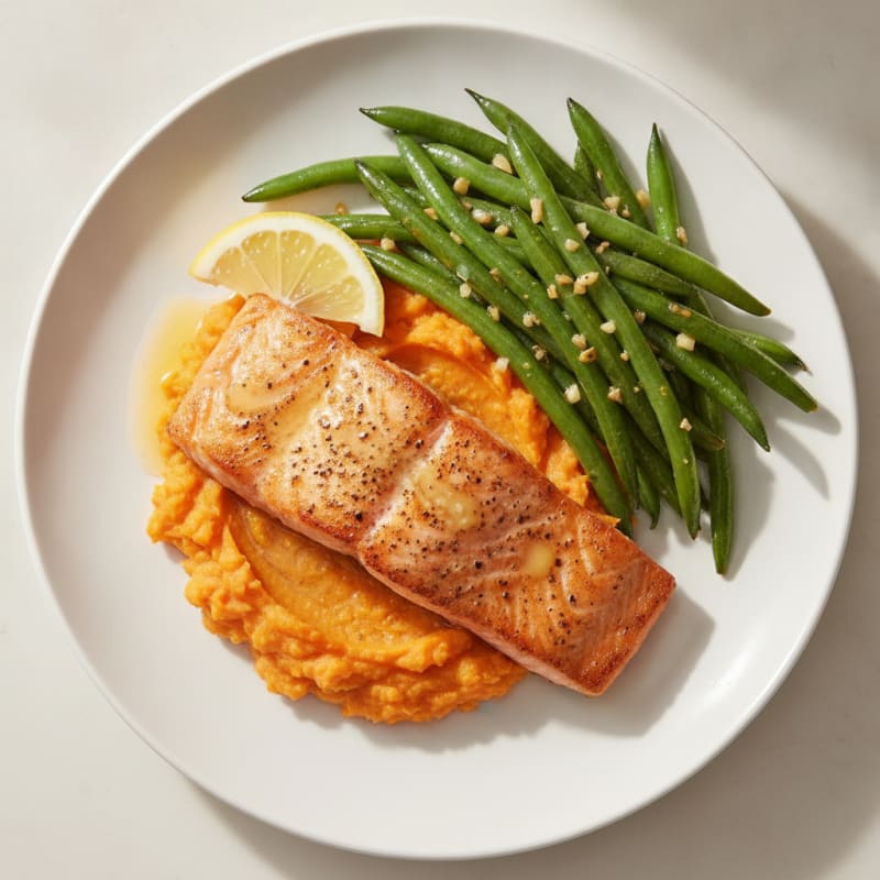 Seared Salmon with Garlic Green Beans and Sweet Potato Mash