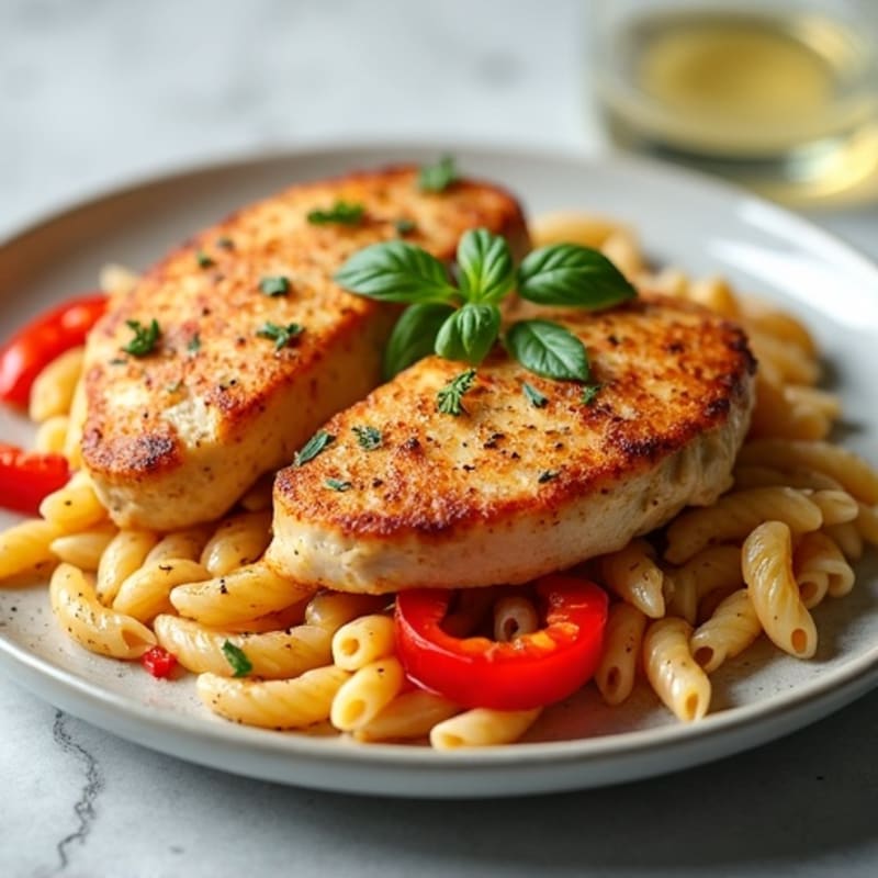 Spicy Pan-Seared Chicken with Creamy Whole Wheat Pasta and Sautéed Bell Peppers