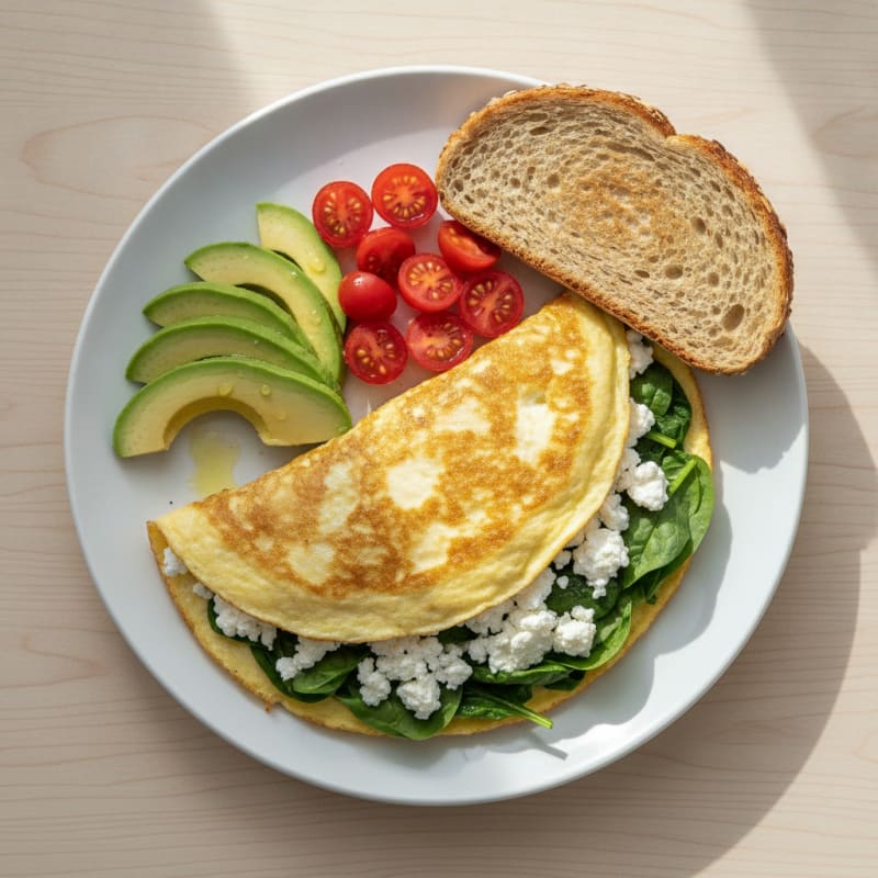 Egg White Spinach Omelet with Cottage Cheese and Fresh Tomatoes