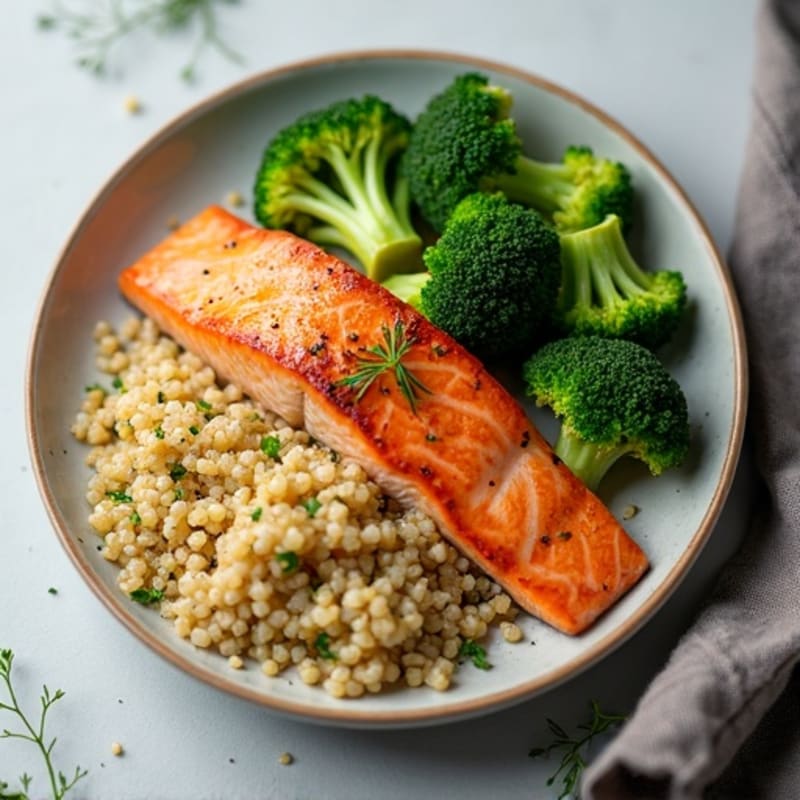Seared Salmon with Steamed Broccoli and Quinoa