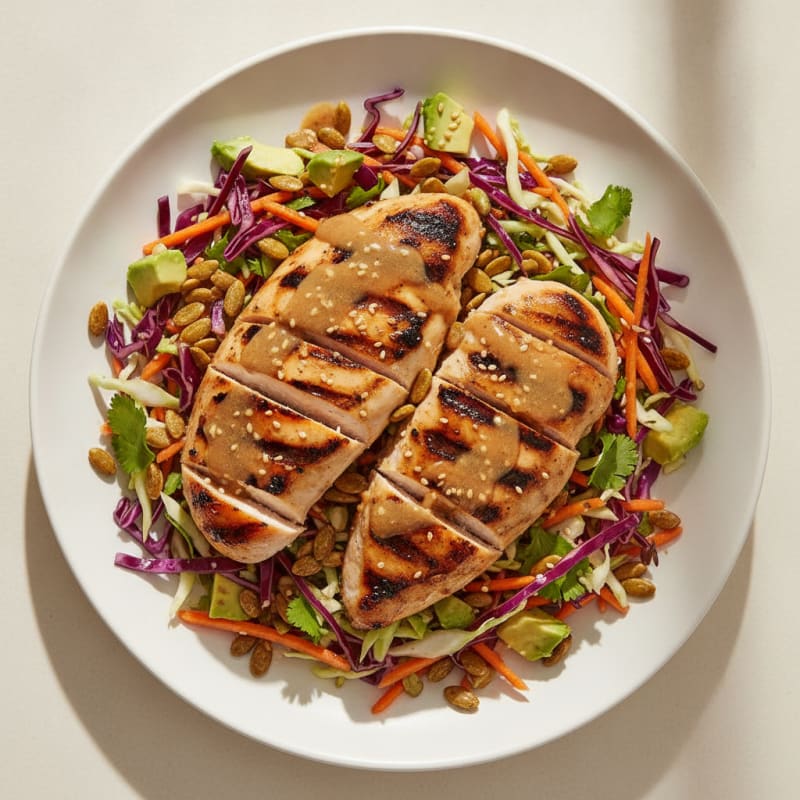Grilled Chicken with Crunchy Cabbage Slaw and Sesame Ginger Dressing