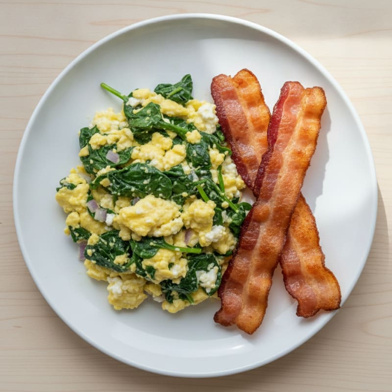 Cottage Cheese Scramble with Spinach and Turkey Bacon