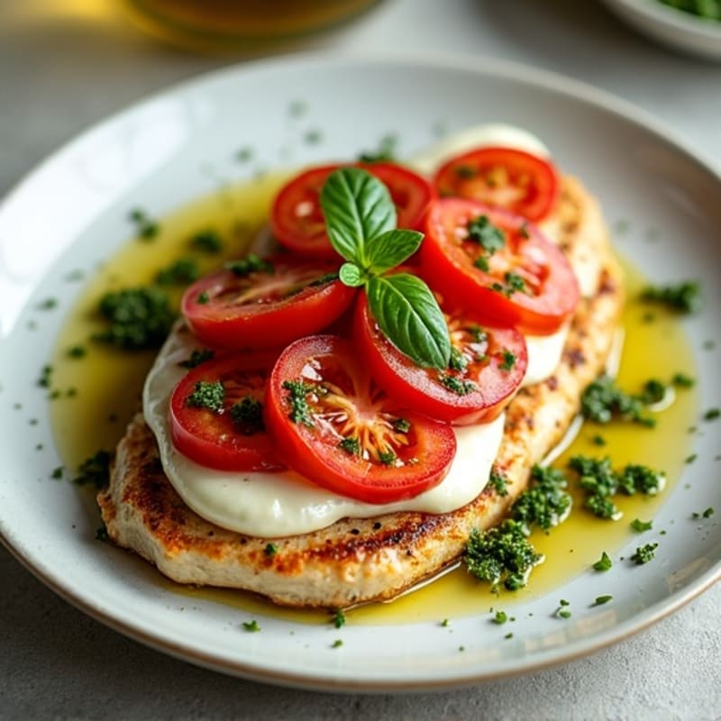 Pan-Seared Chicken with Fresh Tomatoes, Creamy Mozzarella, and Basil Pesto