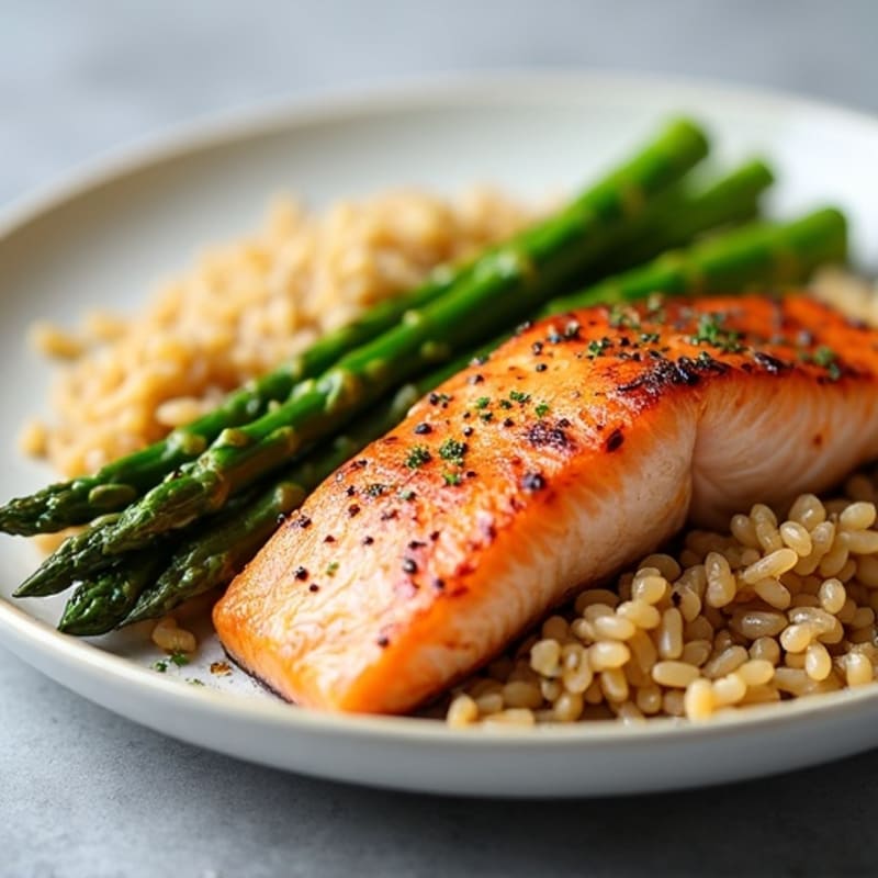 Seared Salmon with Steamed Asparagus and Brown Rice