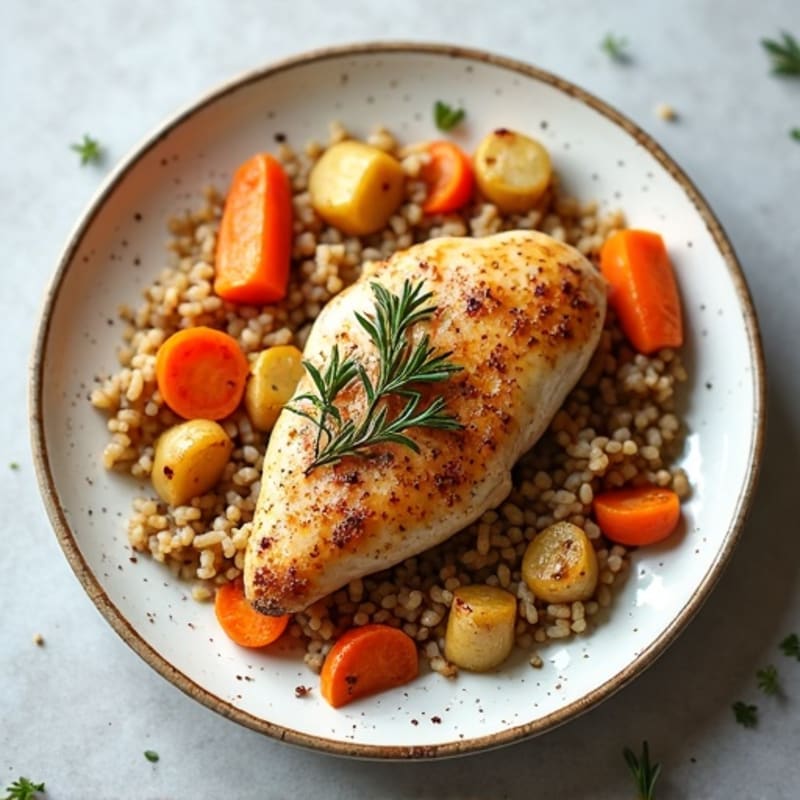 Savory One-Pan Chicken and Brown Rice with Roasted Root Vegetables