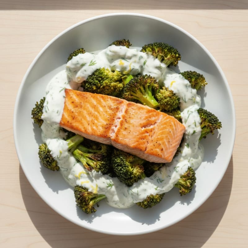 Seared Salmon with Roasted Broccoli and Herb Yogurt Sauce