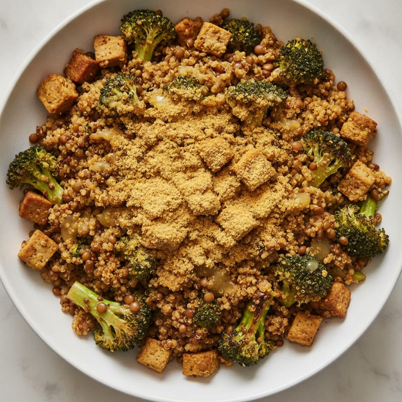 Crispy Lentil and Quinoa Power Bowl with Roasted Broccoli